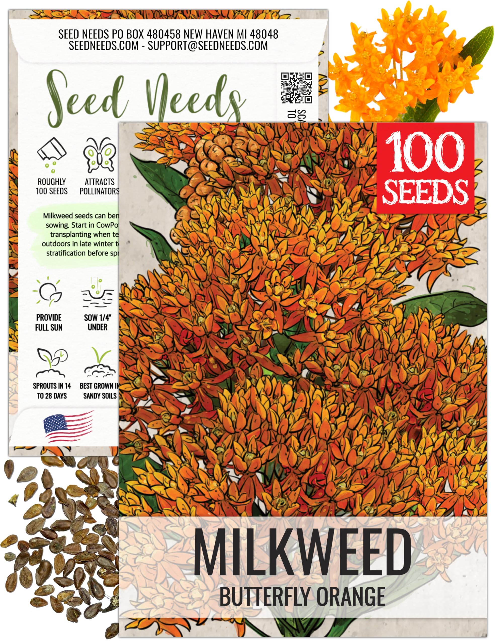 Seed Needs Orange Milkweed seeds packet front for monarch garden ideas