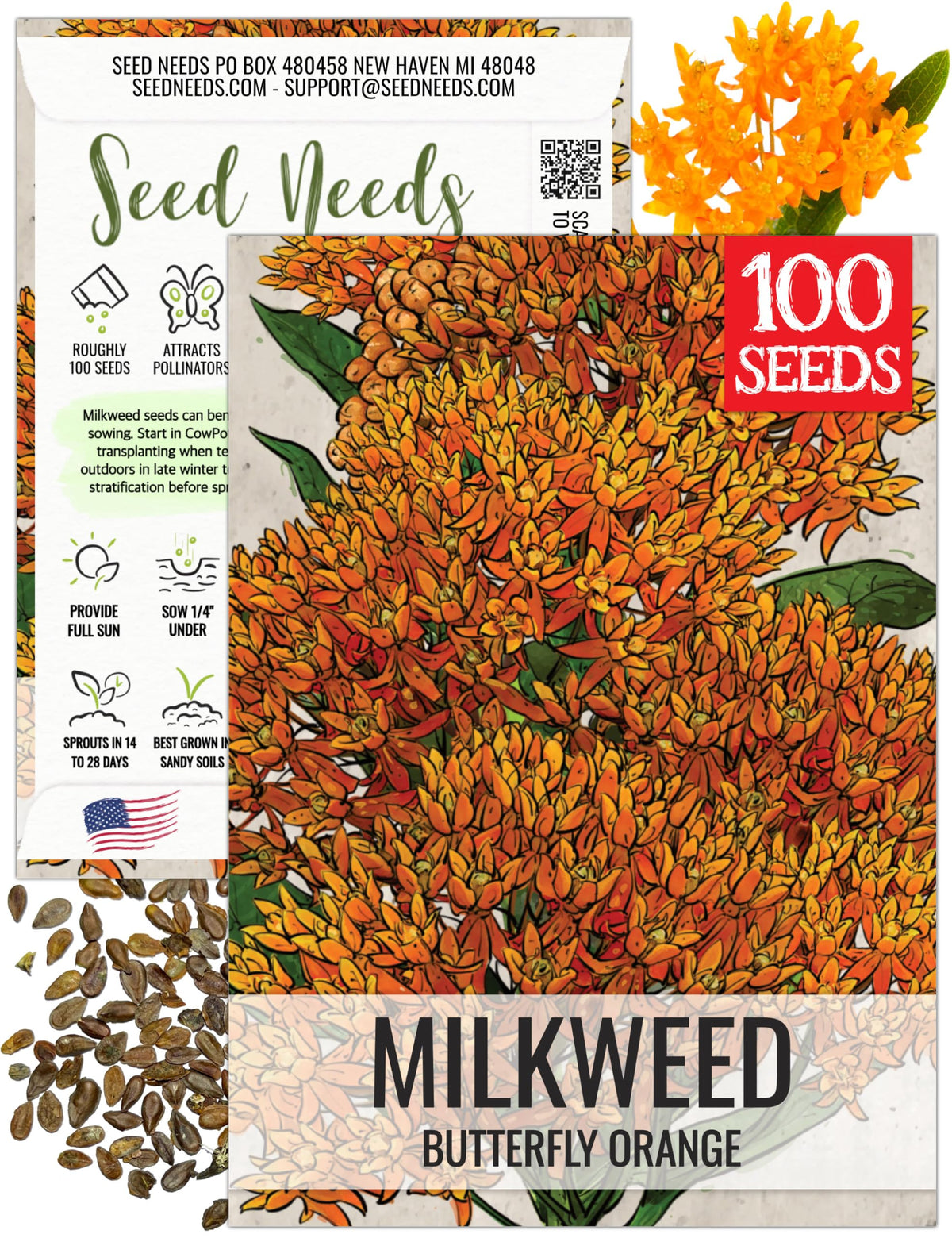 Seed Needs Orange Milkweed seeds packet front for monarch garden ideas