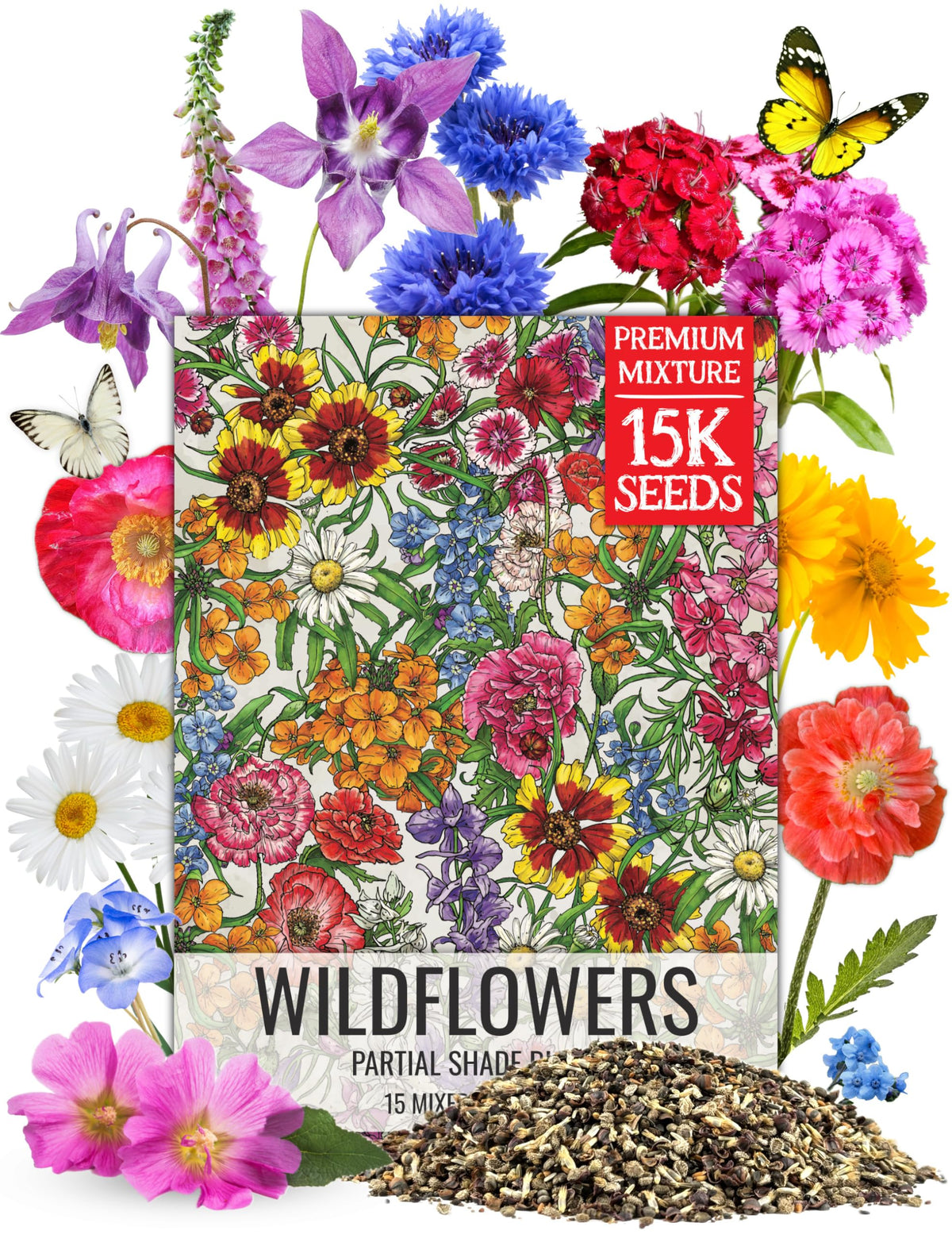 Seed Needs partial shade wildflower seed mix bag shows blooming color in a shaded yard.