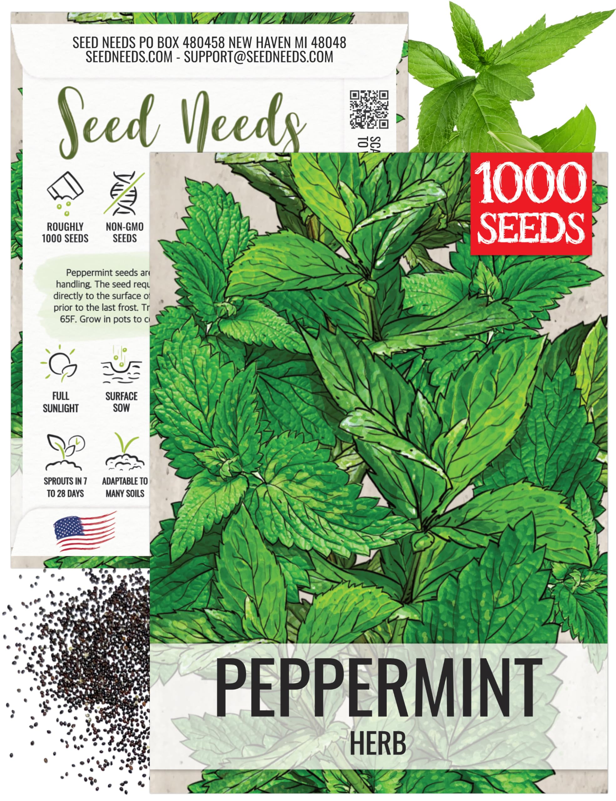 Seed Needs peppermint seeds packet front for growing your own mint at home.