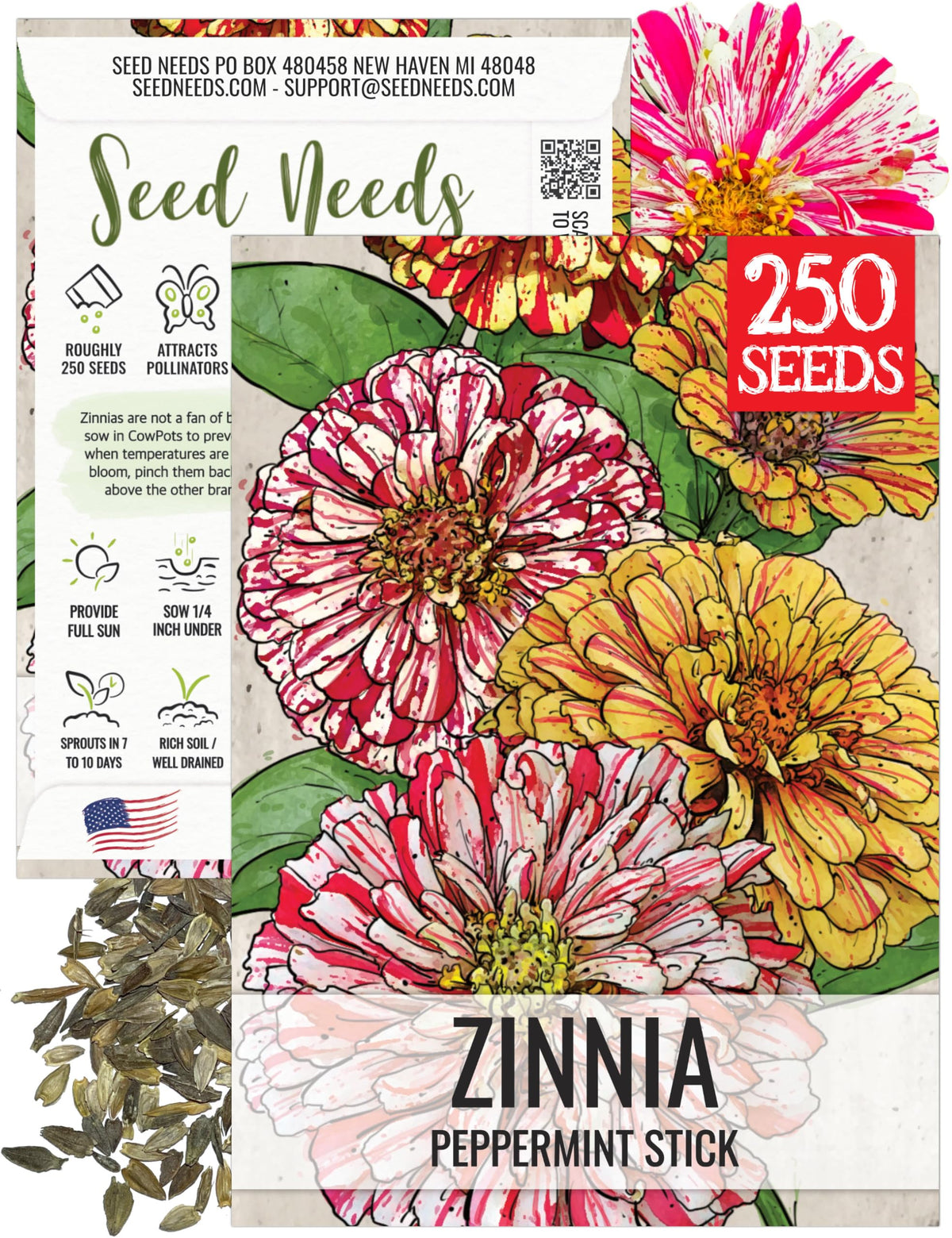Seed Needs peppermint stick zinnia seed-pack illustration for planning inspiration