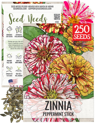Seed Needs peppermint stick zinnia seed-pack illustration for planning inspiration
