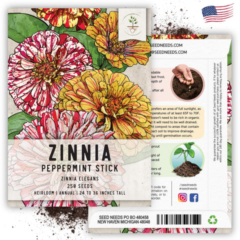 Seed Needs peppermint stick zinnia seed packet with sowing instructions