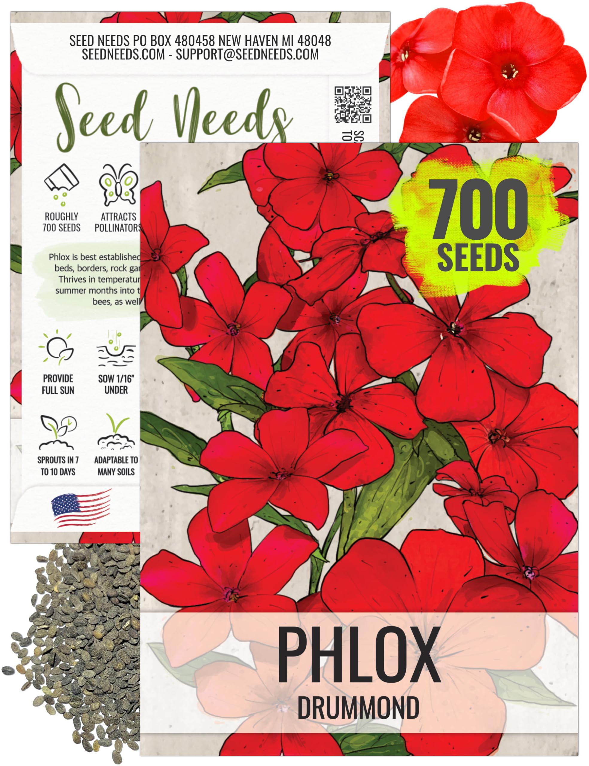 Seed Needs Red Drummond Phlox bloom, vibrant red color attracts butterflies in sunny borders.