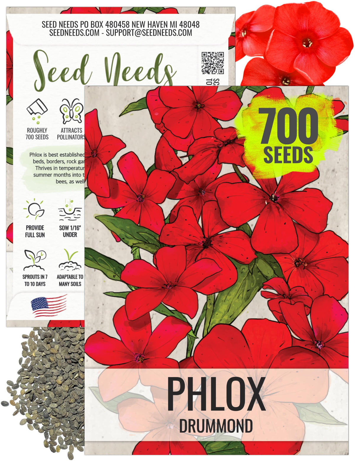 Seed Needs Red Drummond Phlox bloom, vibrant red color attracts butterflies in sunny borders.
