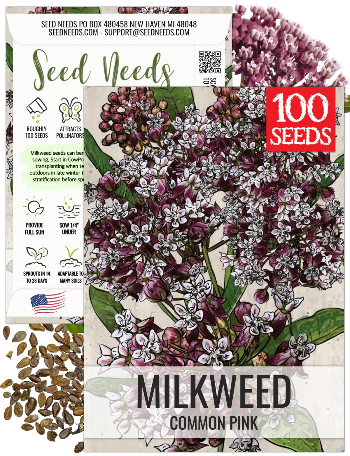 Seed Needs pink milkweed seeds packet art with sowing guidance for easy planning.