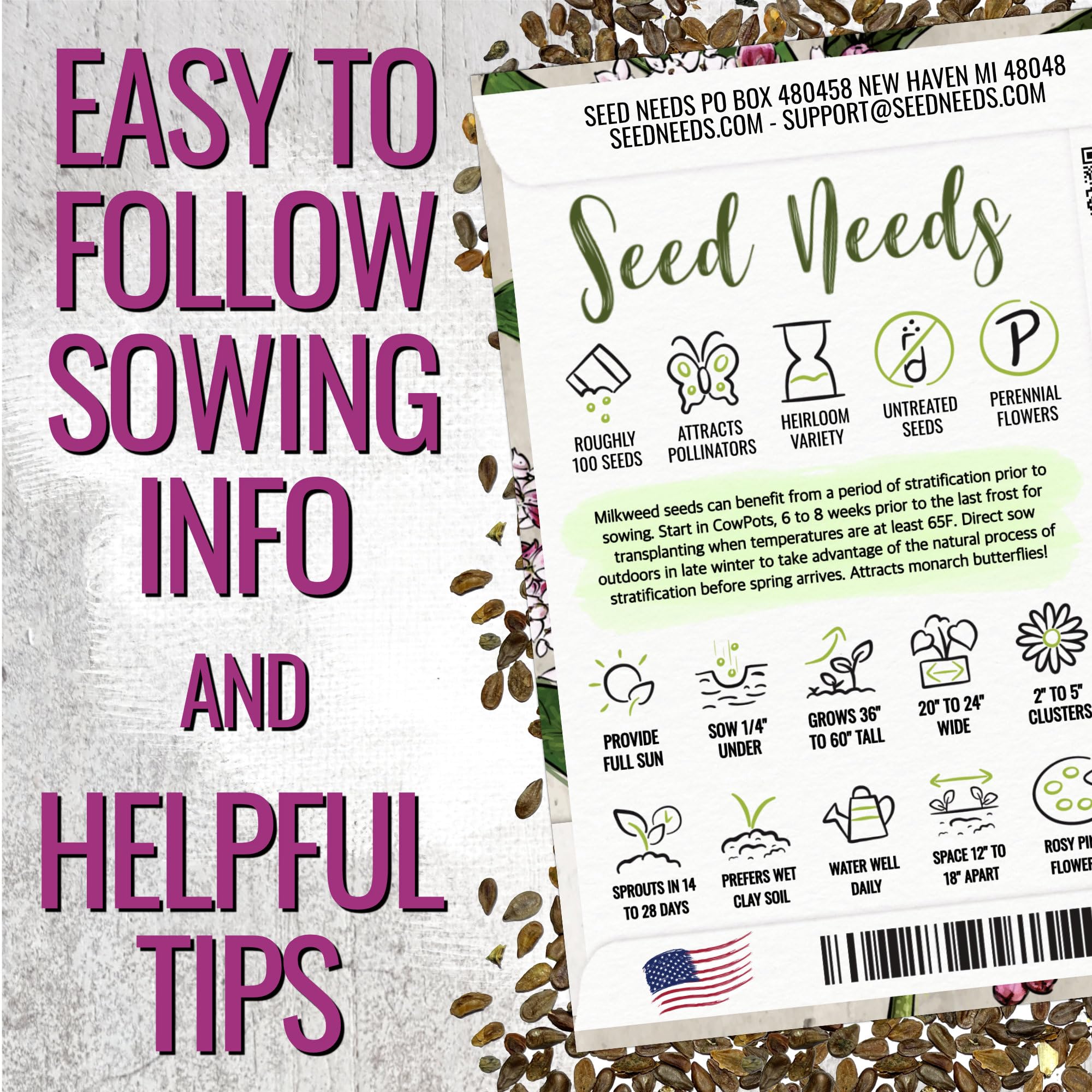 Seed Needs Pink Swamp Milkweed garden setup image shows a ready-to-plant display