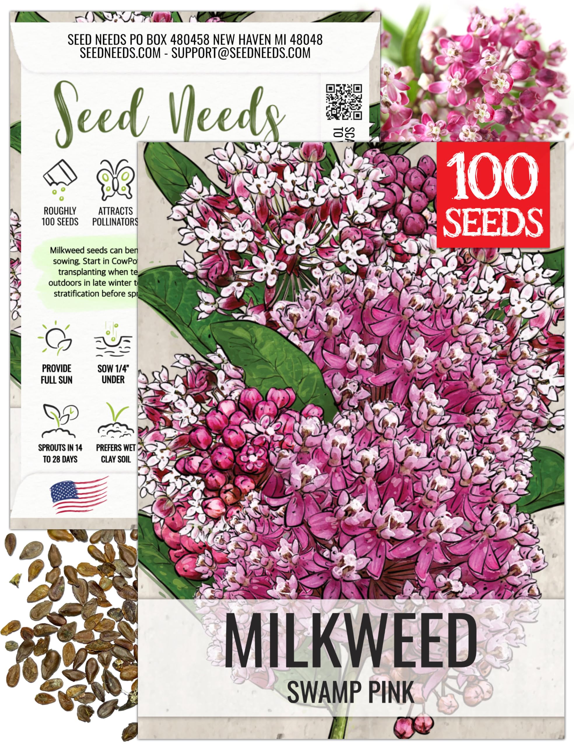 Seed Needs pink swamp milkweed seeds in fresh packaging for easy sowing.