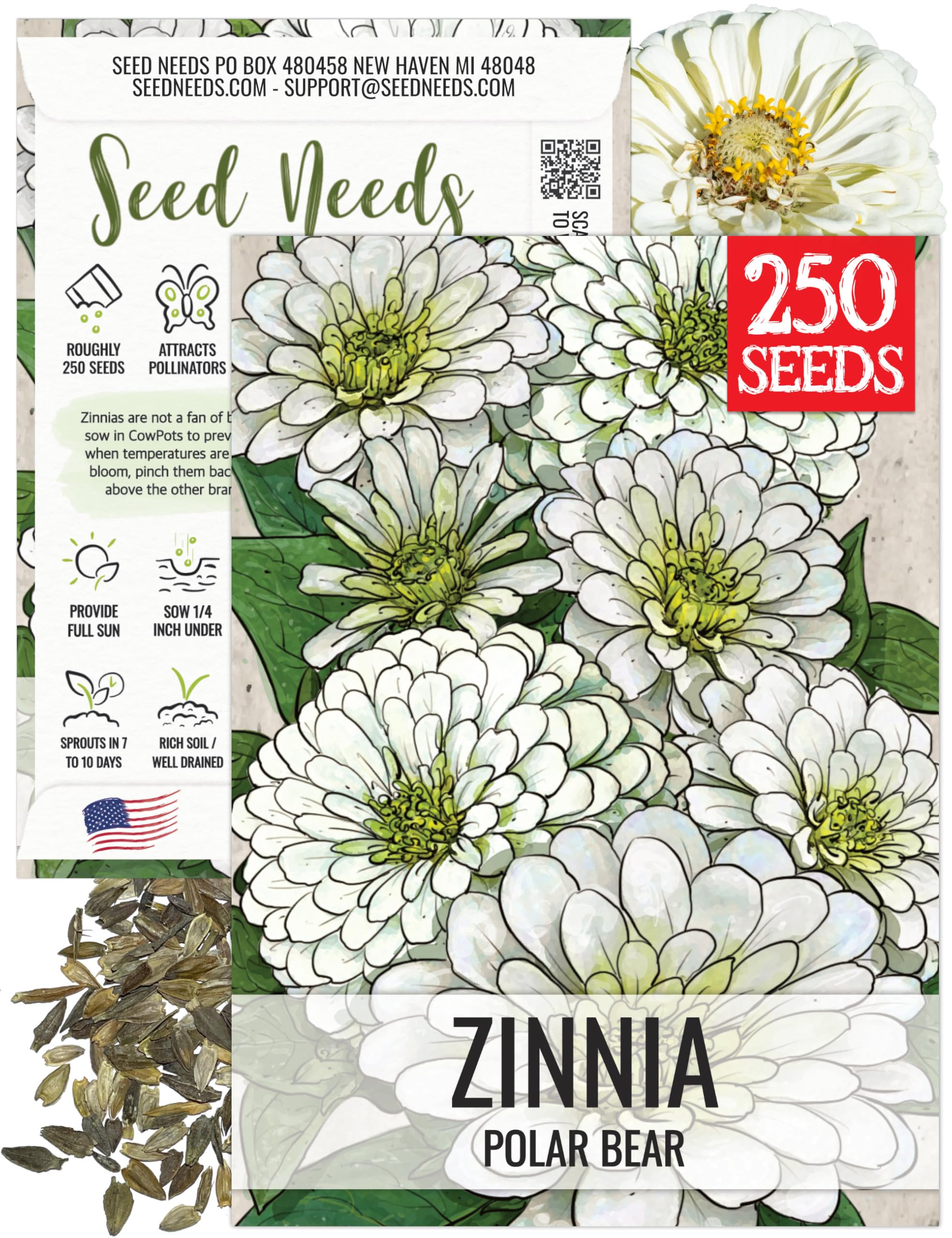 Seed Needs Polar Bear White Zinnias displaying large blooms for butterfly gardens.