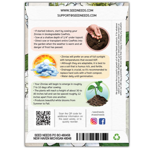 Seed Needs Polar Bear White Zinnia seeds in a resealable packet for easy sowing.