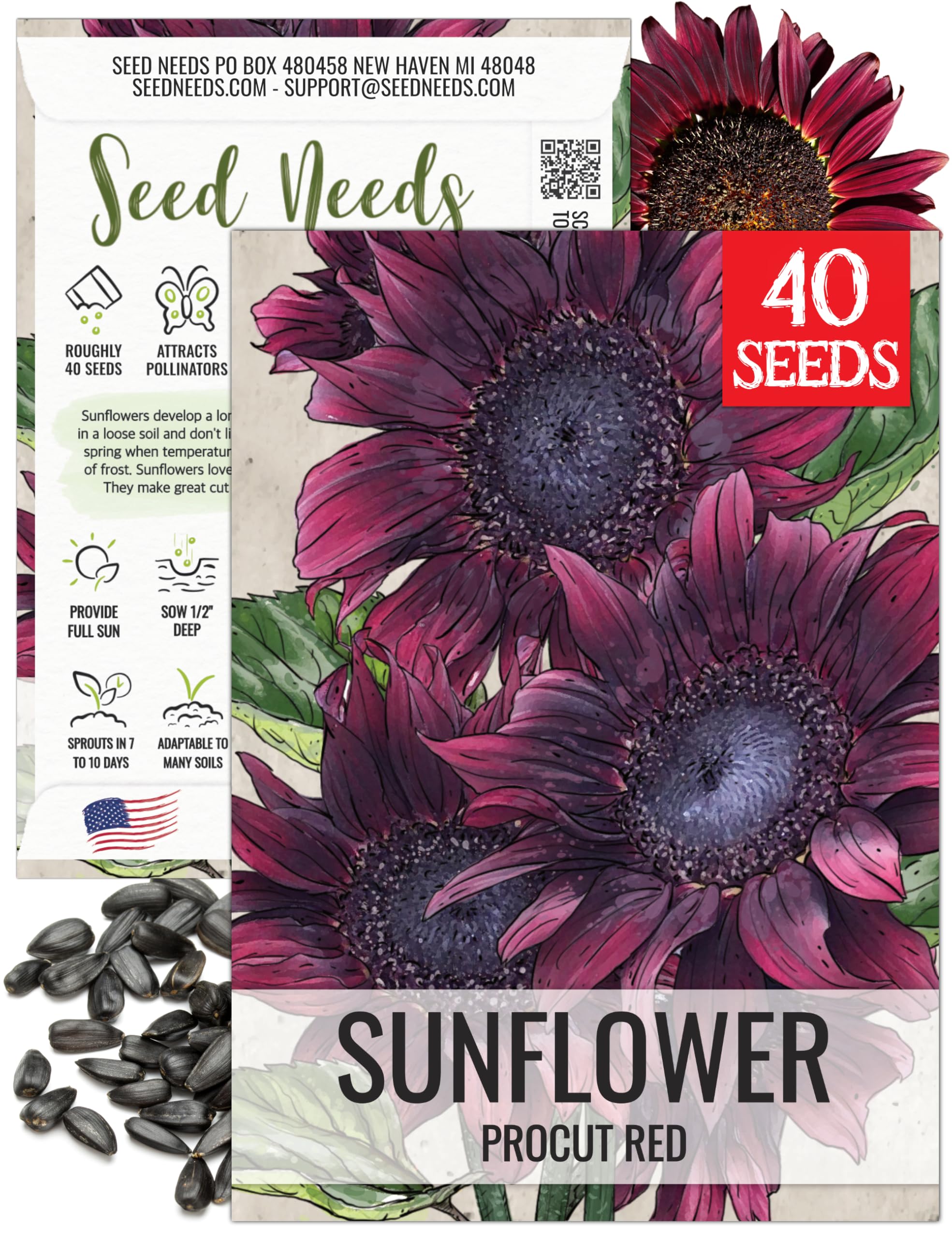 Seed Needs ProCut Red Sunflower seed pack showing burgundy blooms for striking arrangements.