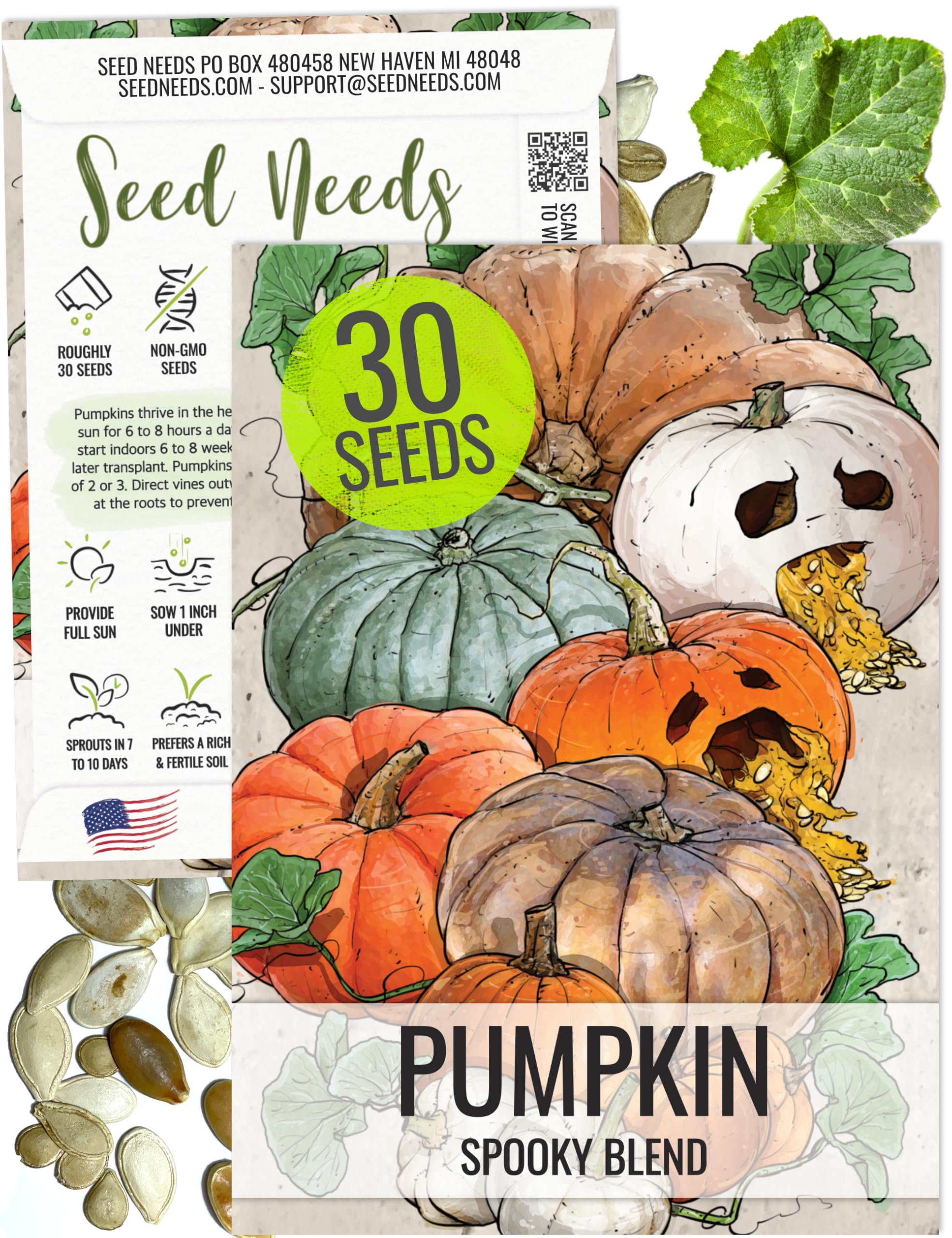 Seed Needs pumpkin seeds spooky blend packaging shows heirloom varieties for a diverse harvest.