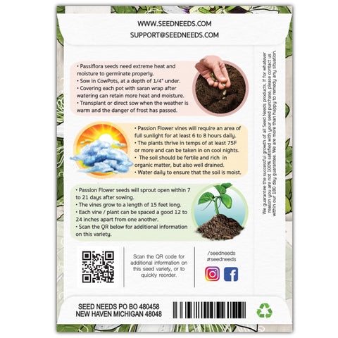 Seed Needs purple passion flower seeds pack back view with sowing instructions for germination.