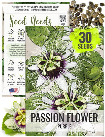 Seed Needs purple passion flower seeds pack front view, ideal for heirloom planting and vibrant blooms.