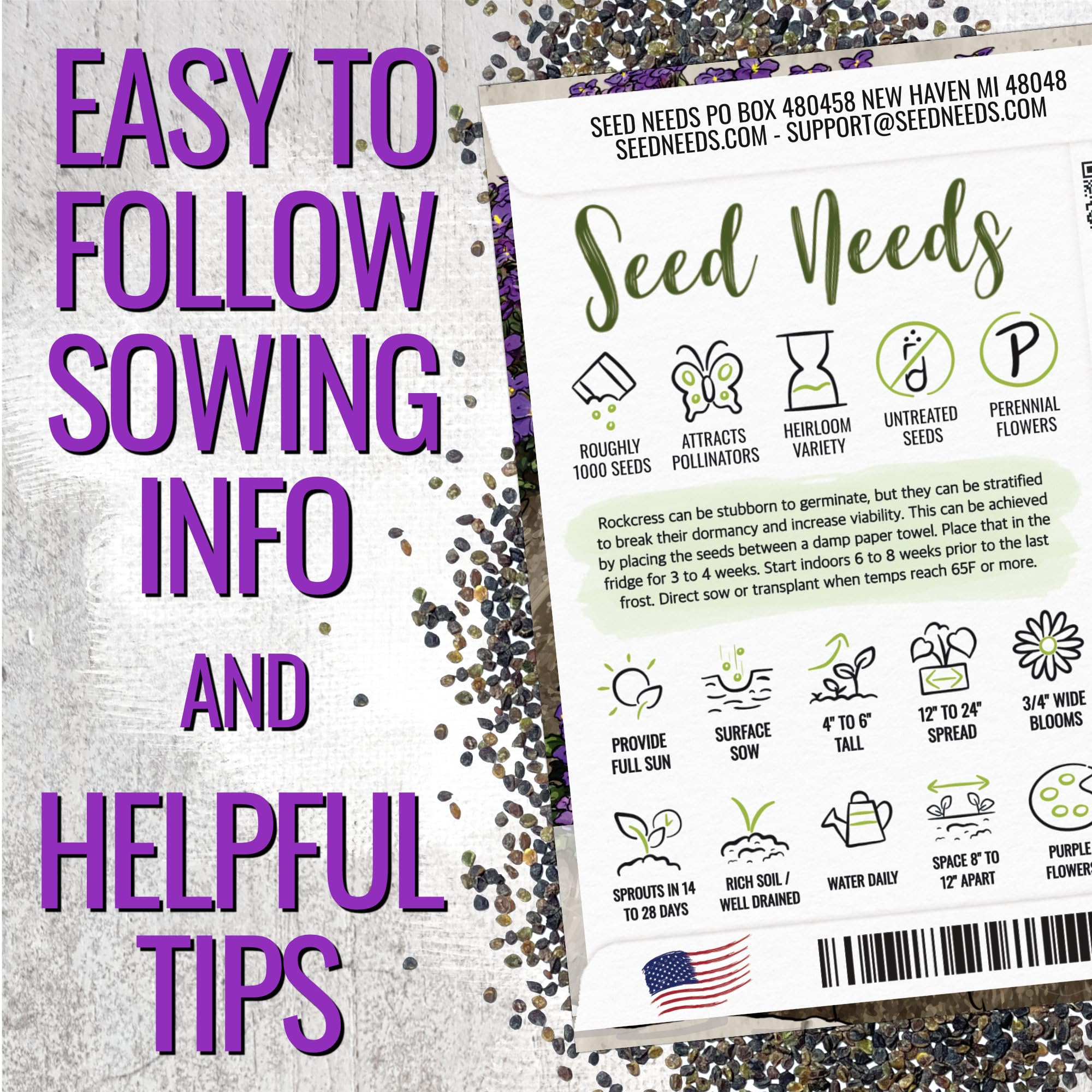 Seed Needs Purple Rockcress seeds: rock garden bed ready, low-maintenance groundcover.
