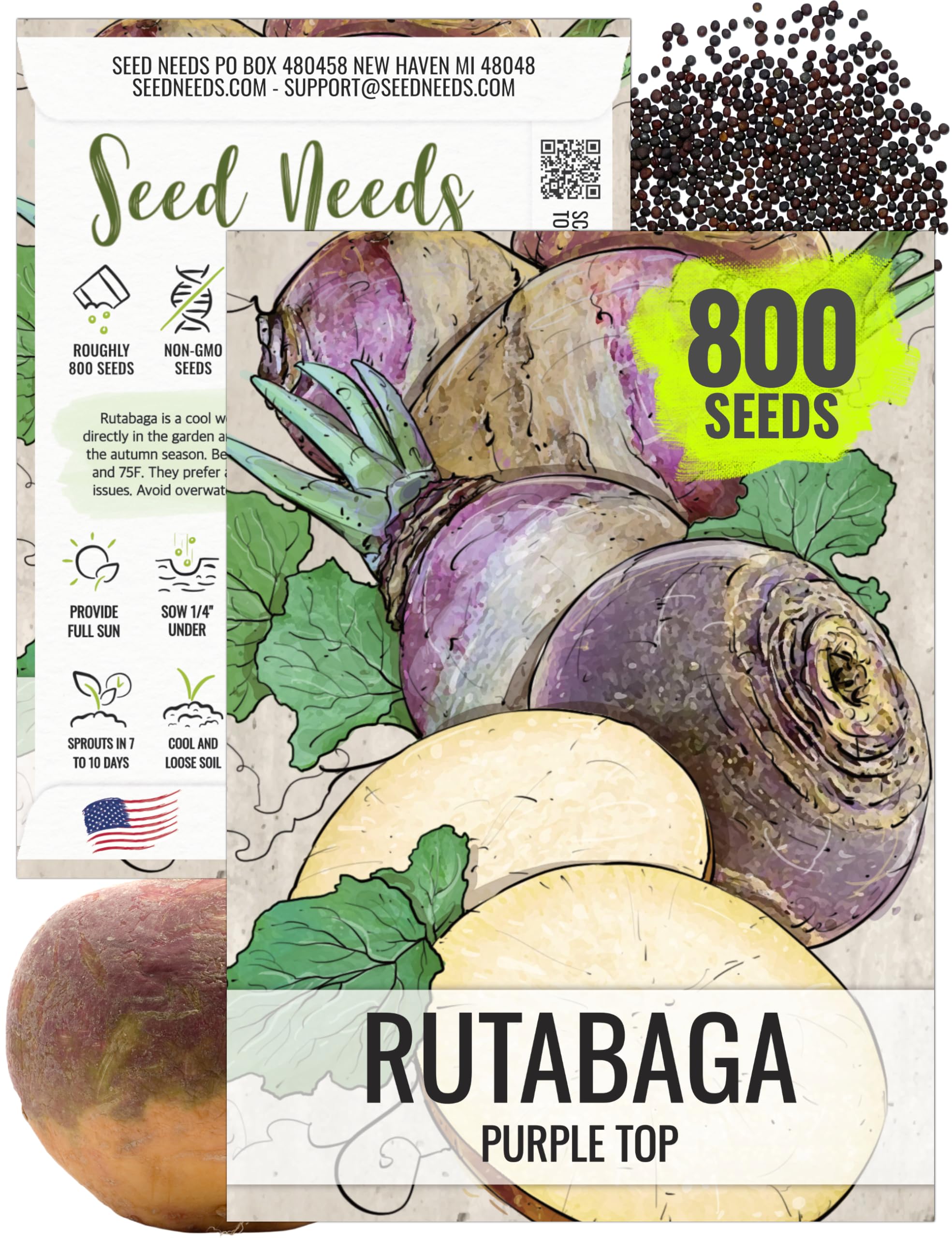 Seed Needs Purple Top Rutabaga seed packet illustration for a planned fall harvest.