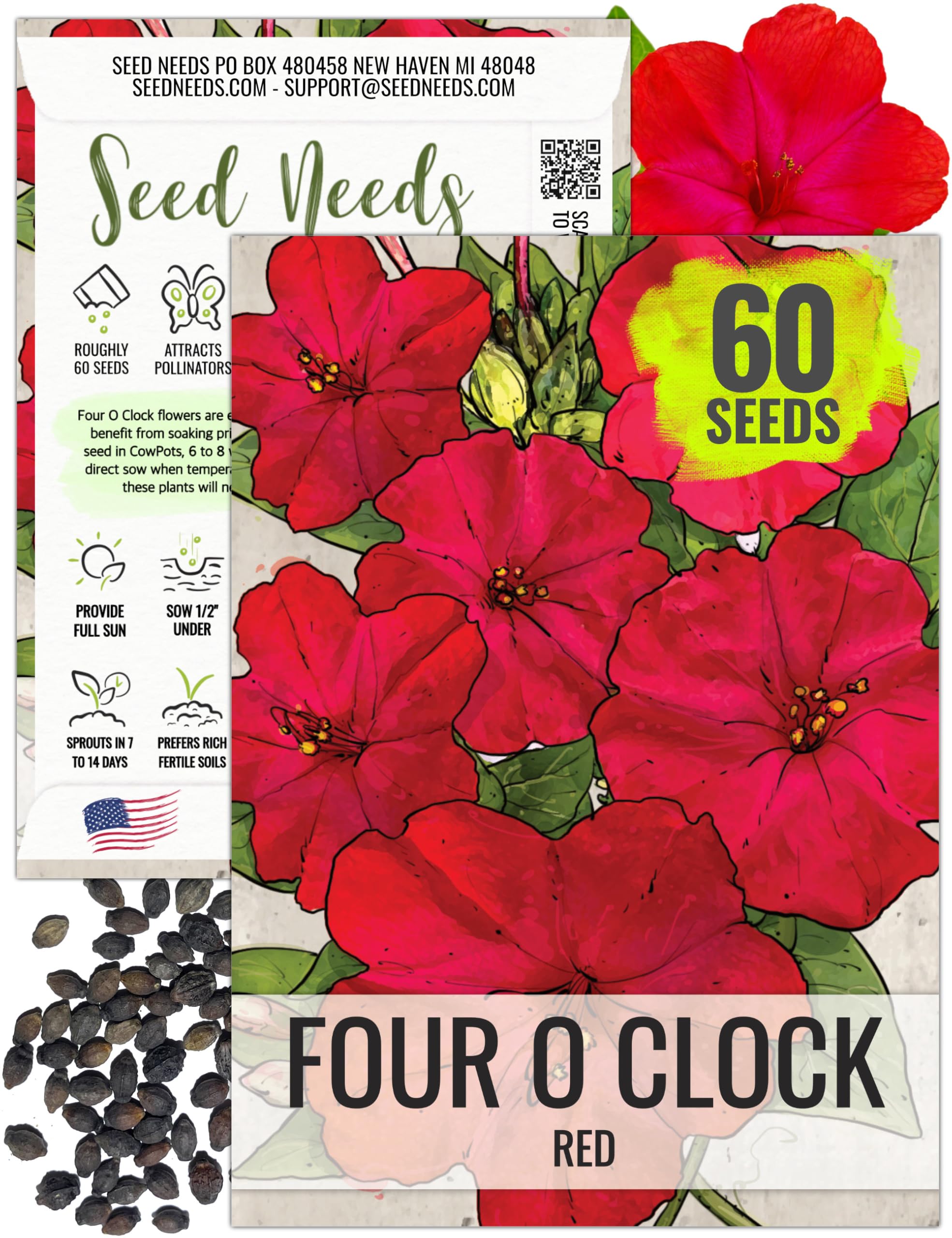 Seed Needs Red Four O'Clock seed packet illustration for vibrant borders.