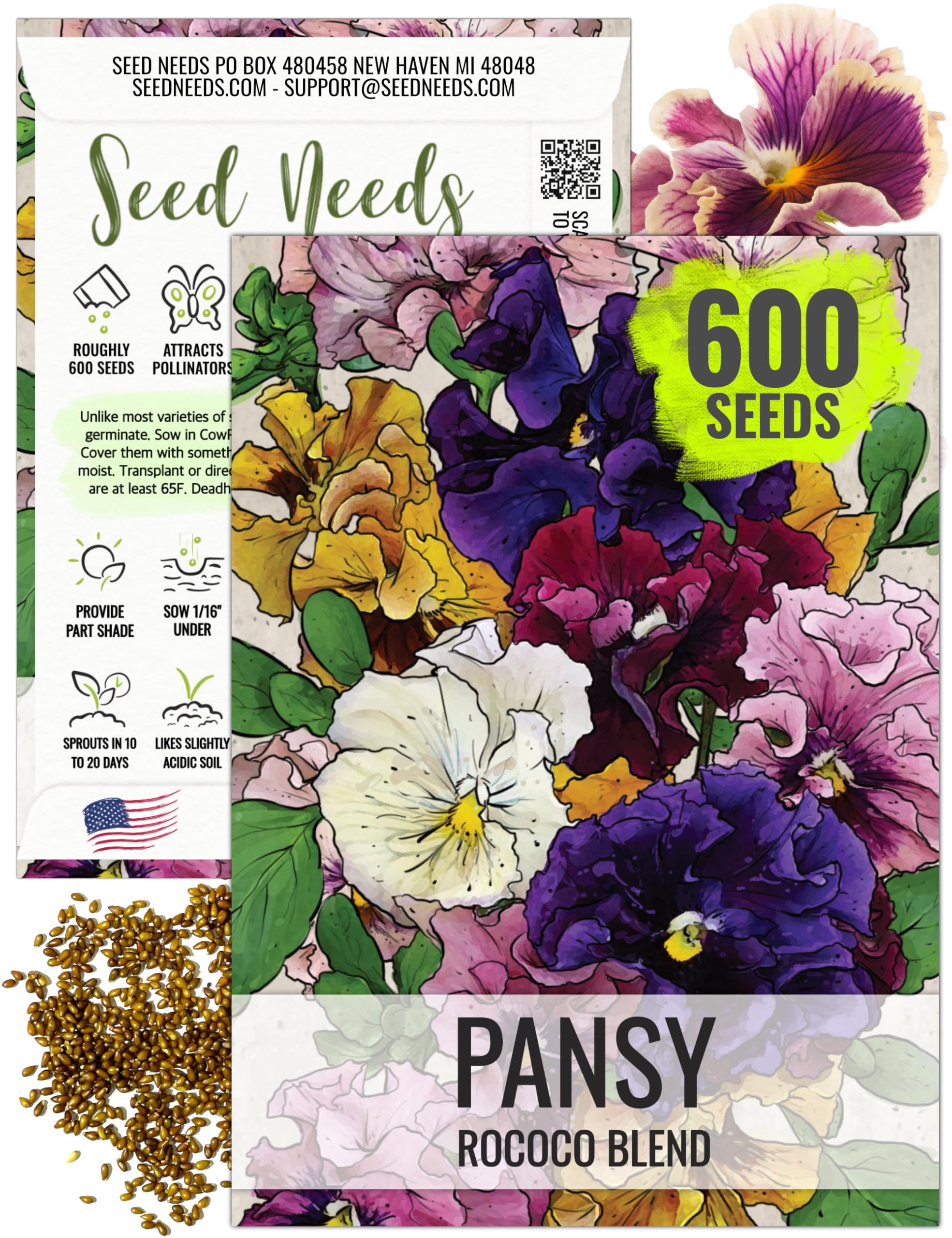 Seed Needs Rococo pansy seeds pack front view for planning vibrant borders.