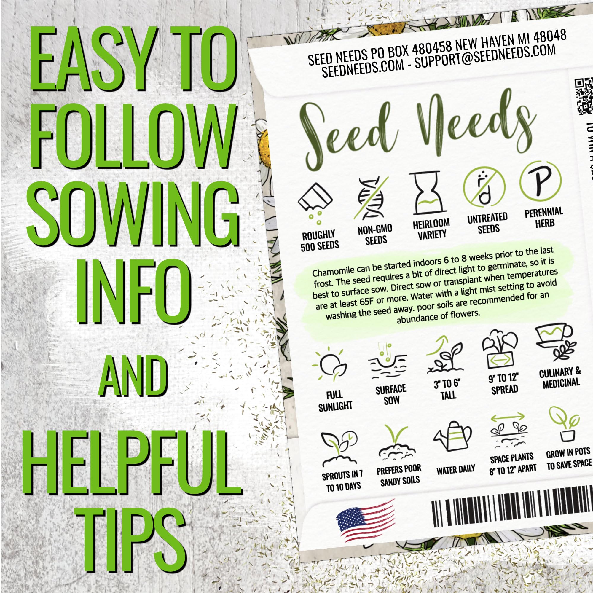 Seed Needs Roman Chamomile close-up flowers highlight fragrant aroma and bloom details.