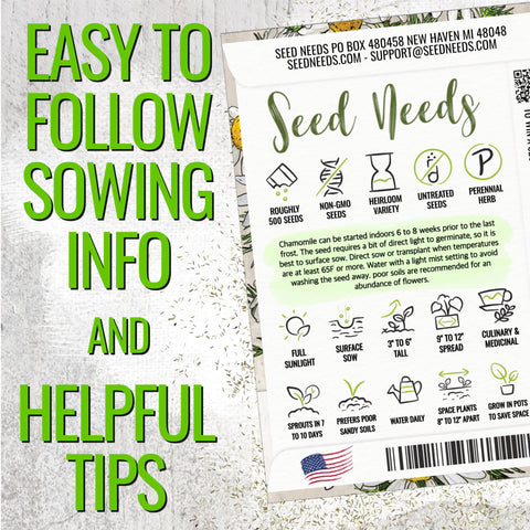 Seed Needs Roman Chamomile close-up flowers highlight fragrant aroma and bloom details.