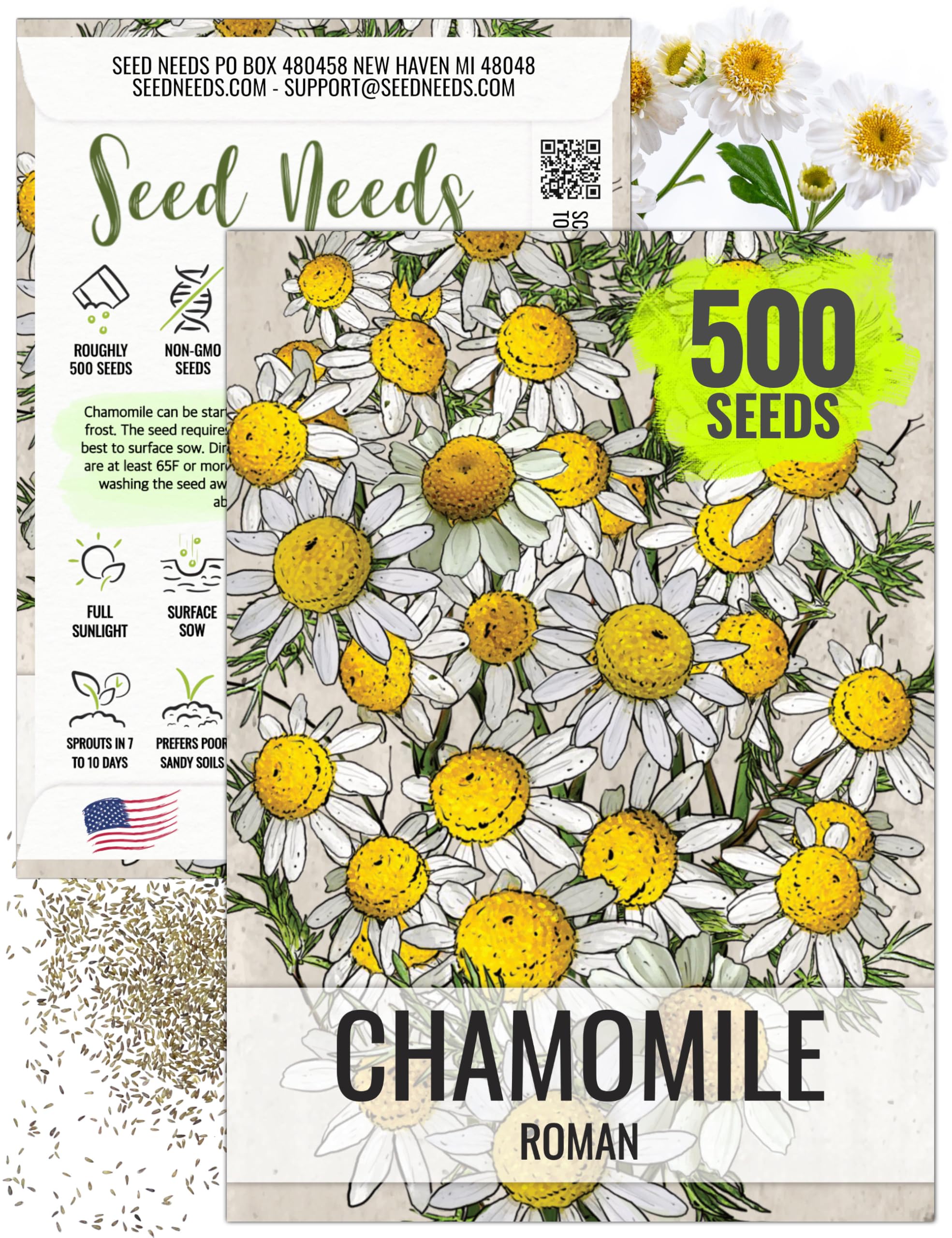 Seed Needs Roman Chamomile seeds in packet front, ideal for sowing your home herb garden.