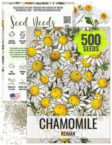 Seed Needs Roman Chamomile seeds in packet front, ideal for sowing your home herb garden.