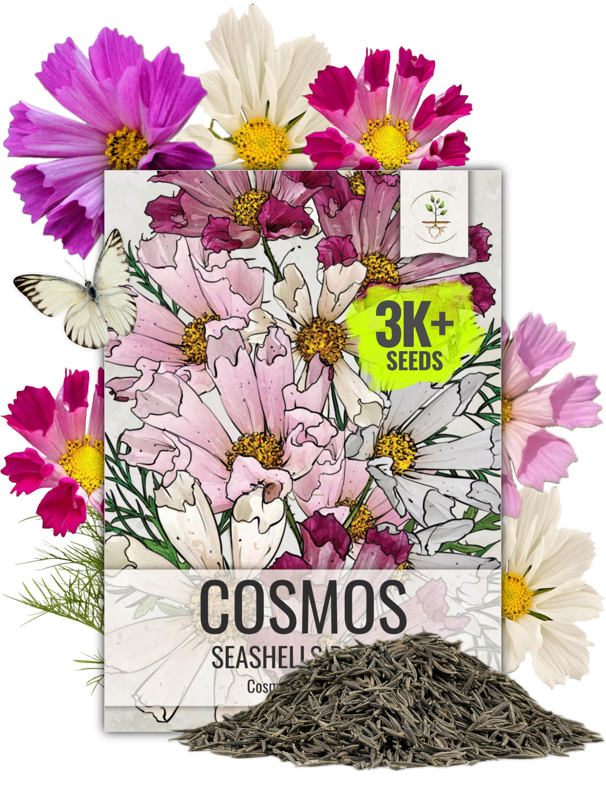 Seed Needs Seashells Cosmos seeds packaging showing heirloom mix for vibrant borders.