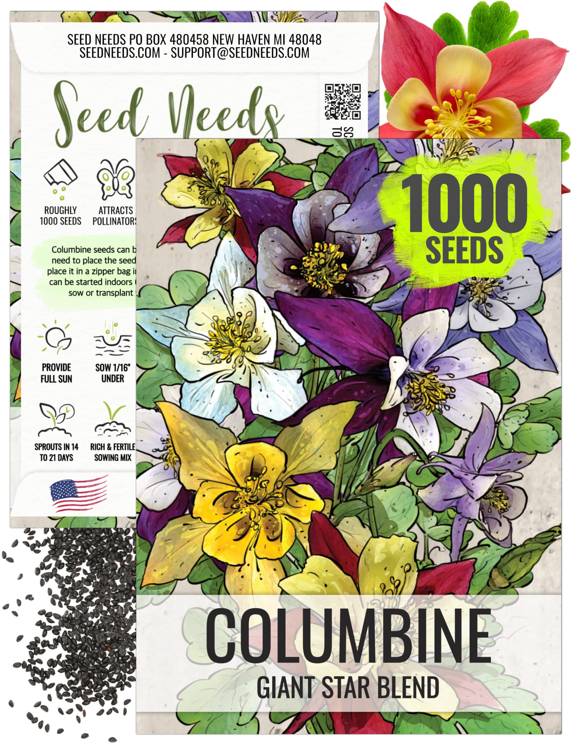 Seed Needs McKana's mixed columbine seeds in packet art for bright border color.