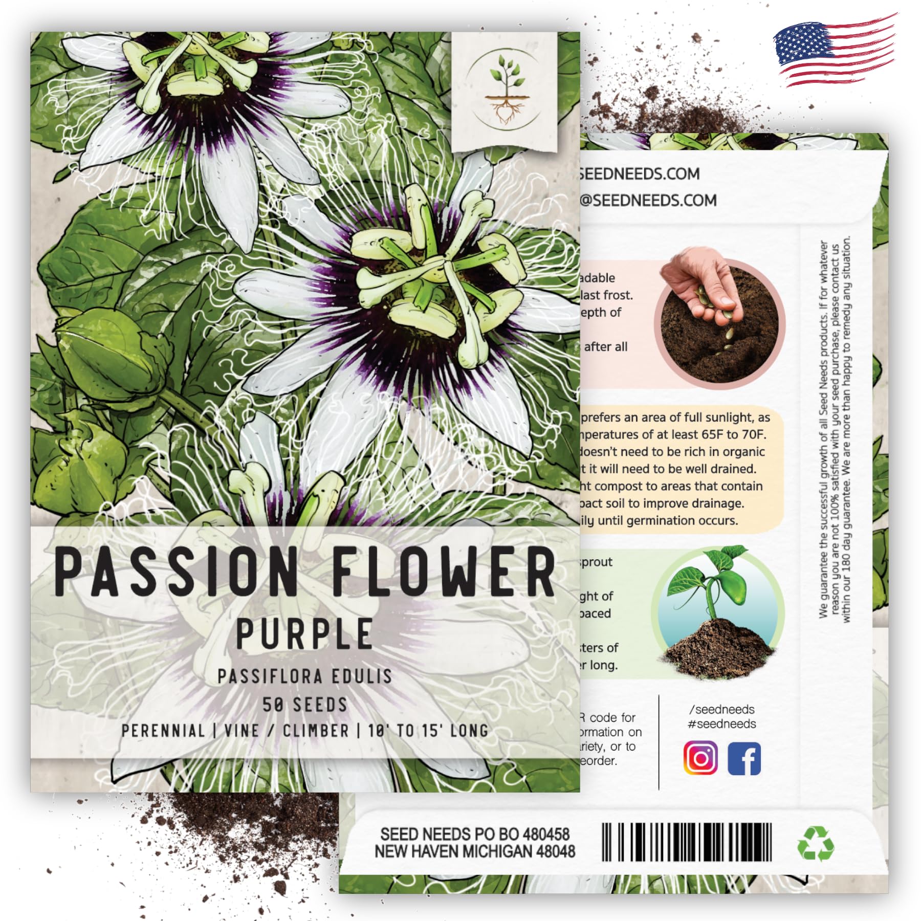 Seed Needs seed packet illustration with sowing information designed for easy home gardening.