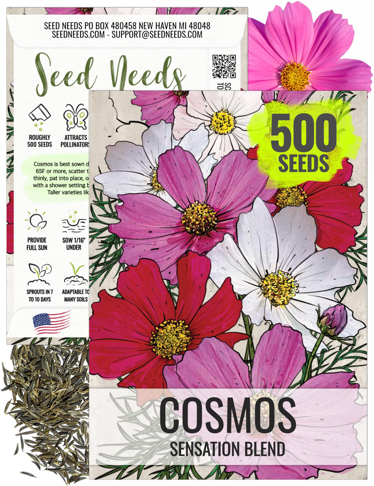 Seed Needs Sensation Cosmos color blooms brighten borders and inspire fresh cut flowers.