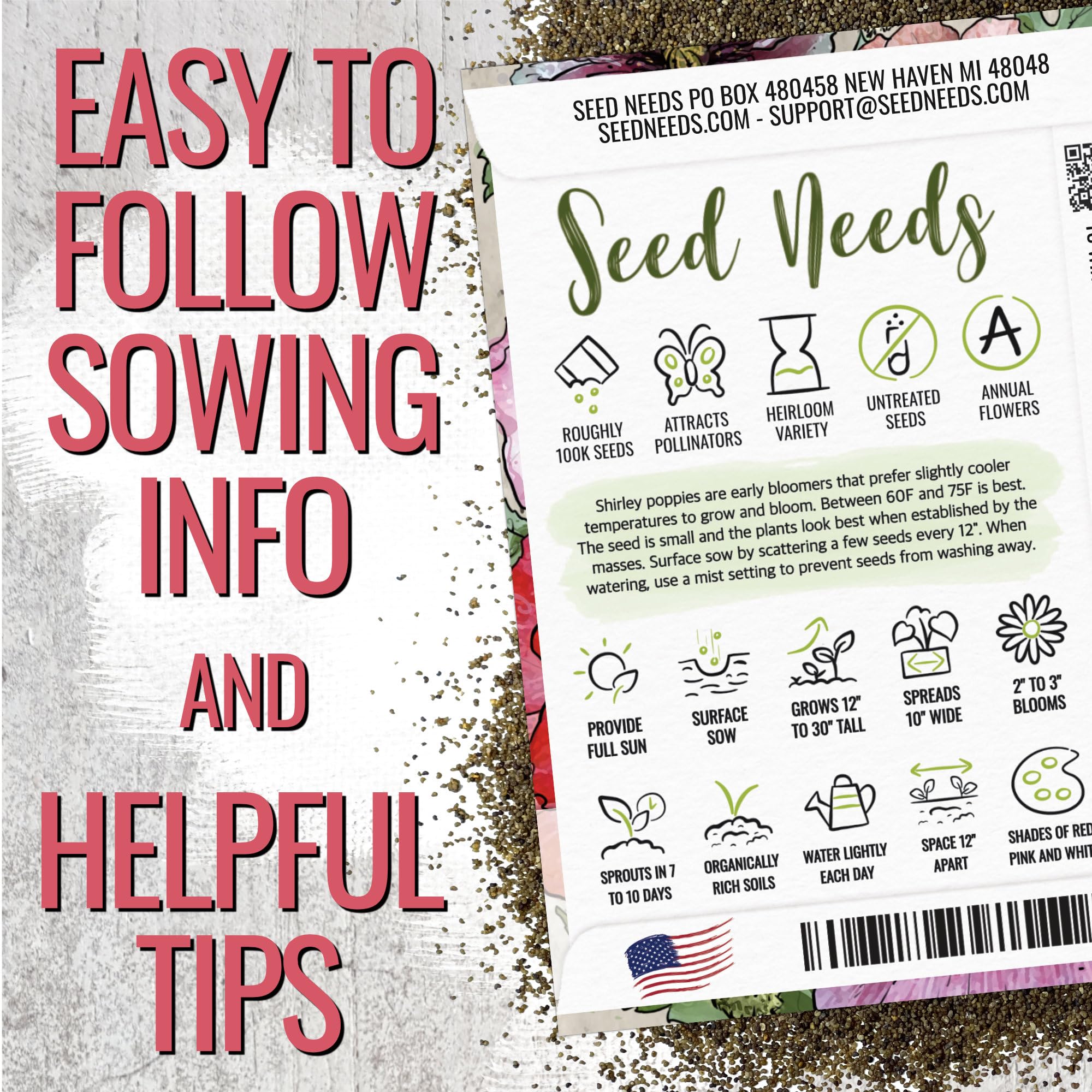 Seed Needs Shirley Poppy Seeds double blossoms add drama to beds