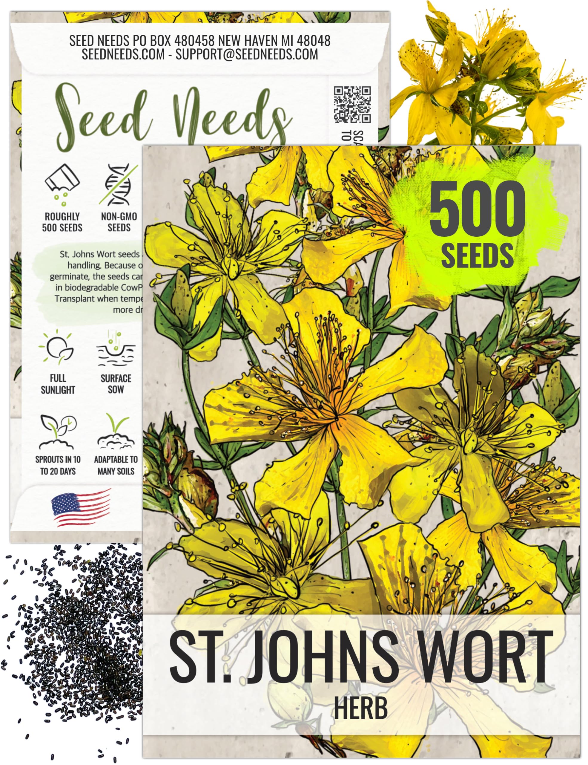 Seed Needs St. John's Wort seeds pack front for home planting and herbal crafting.