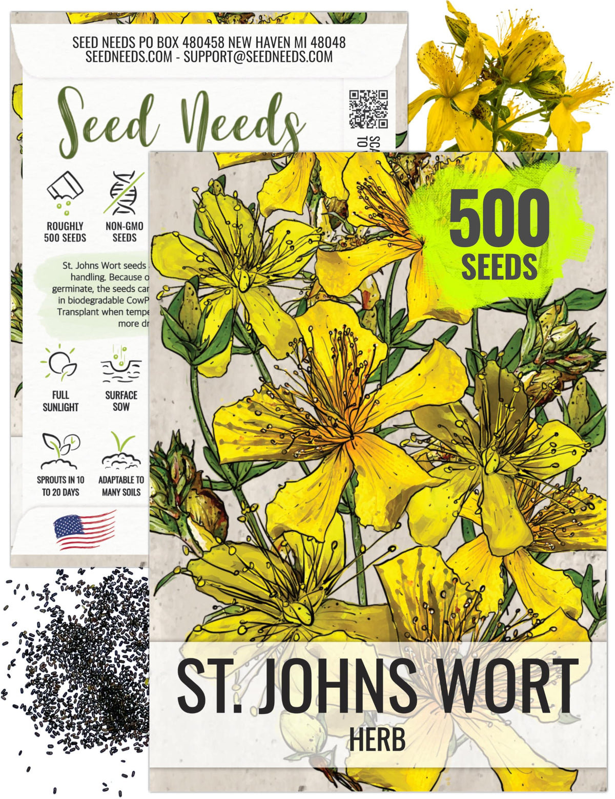 Seed Needs St. John's Wort seeds pack front for home planting and herbal crafting.