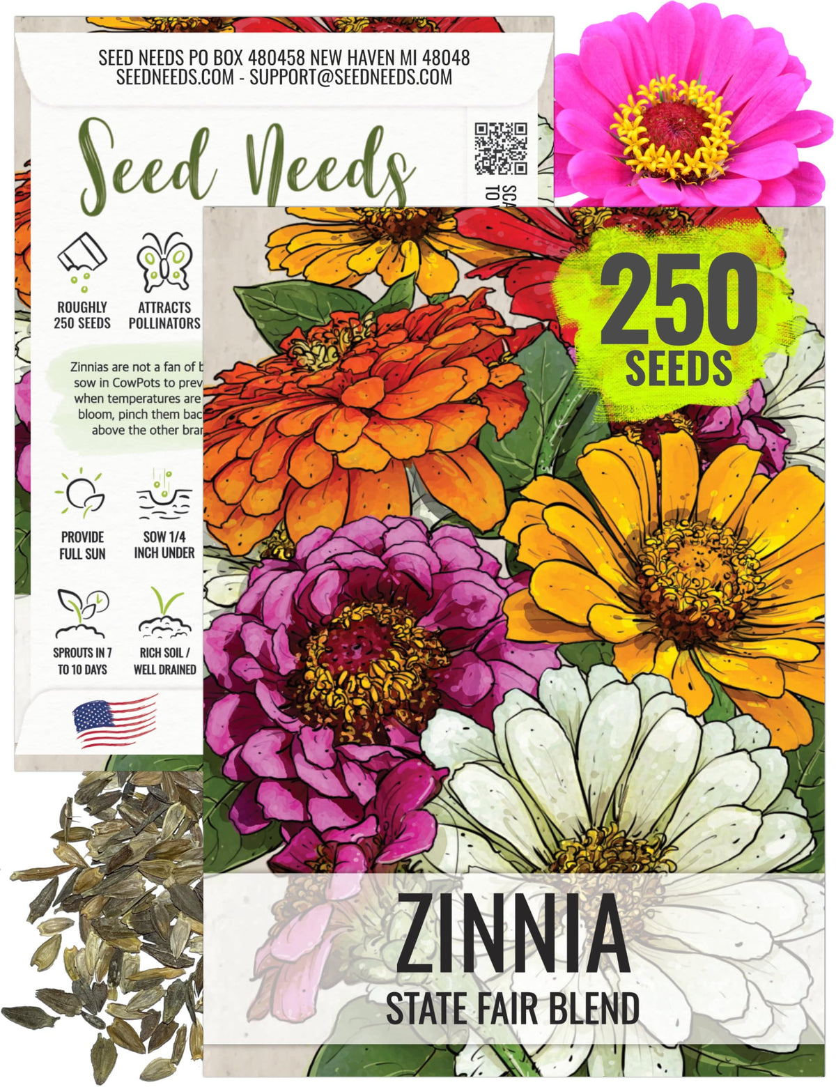 Seed Needs State Fair Zinnia bloom closeup showing vibrant petals for garden color