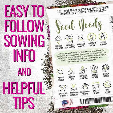 Seed Needs strawflower sowing guide demonstrates quick germination and prolific blooming.