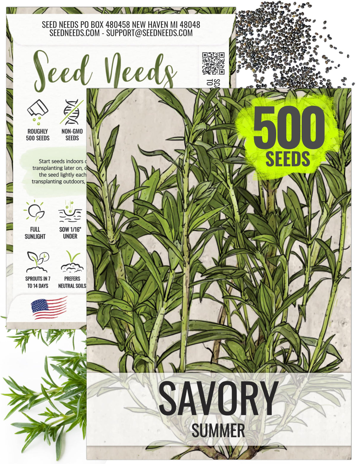 Seed Needs Summer Savory seed packet front with brand logo and culinary potential