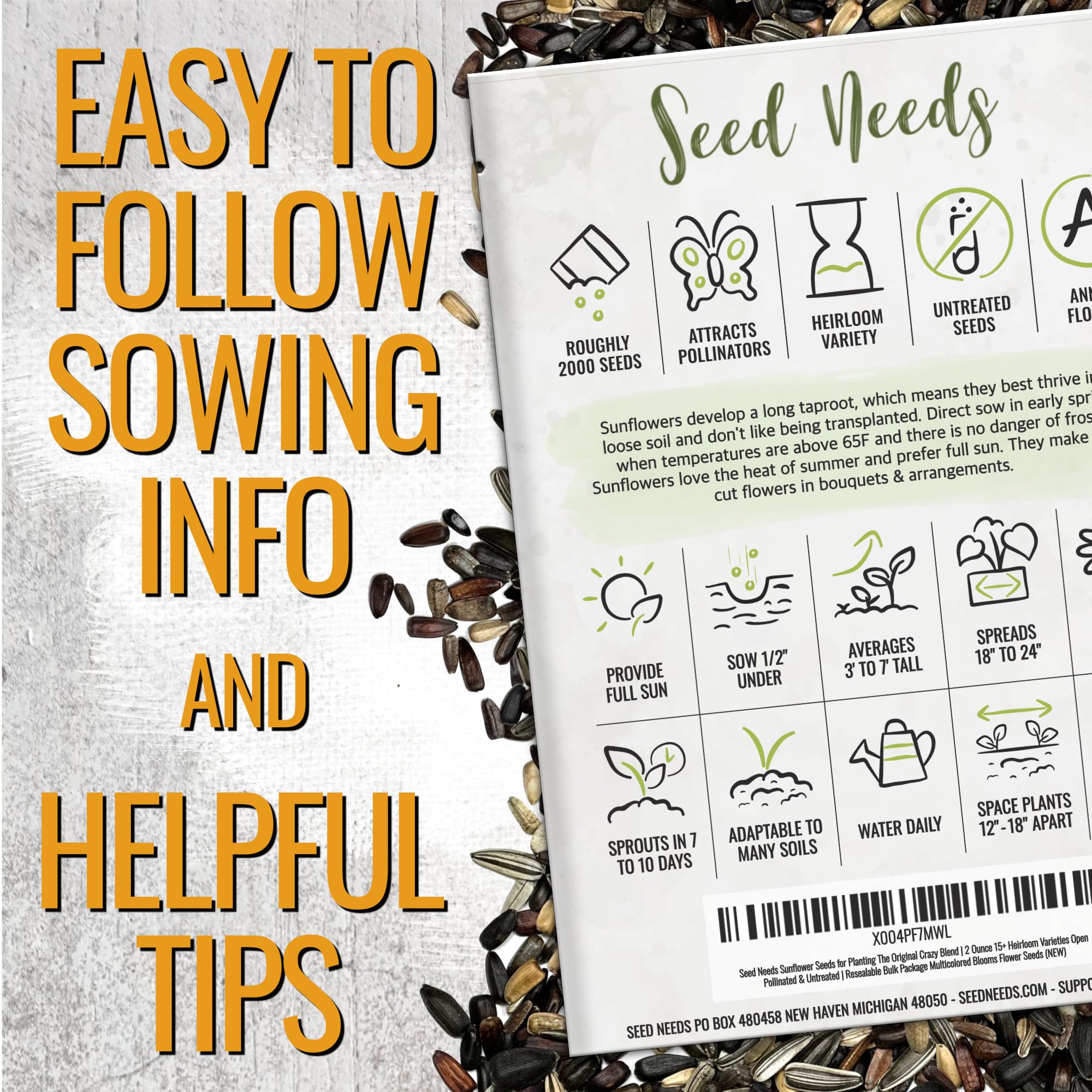 Seed Needs open-pollinated, untreated sunflowers for diverse garden color.