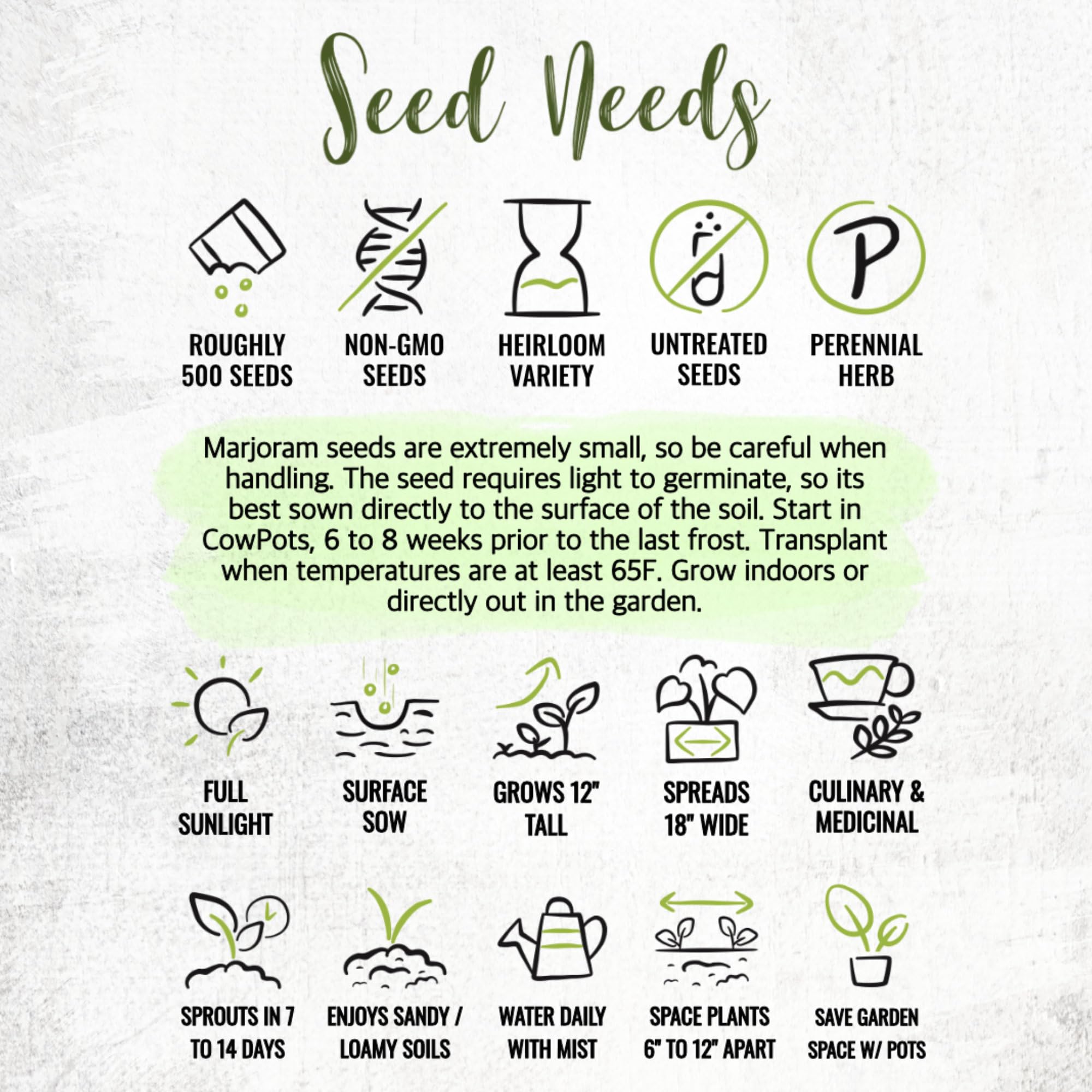 Seed Needs packet art with sowing tips for easy growth.