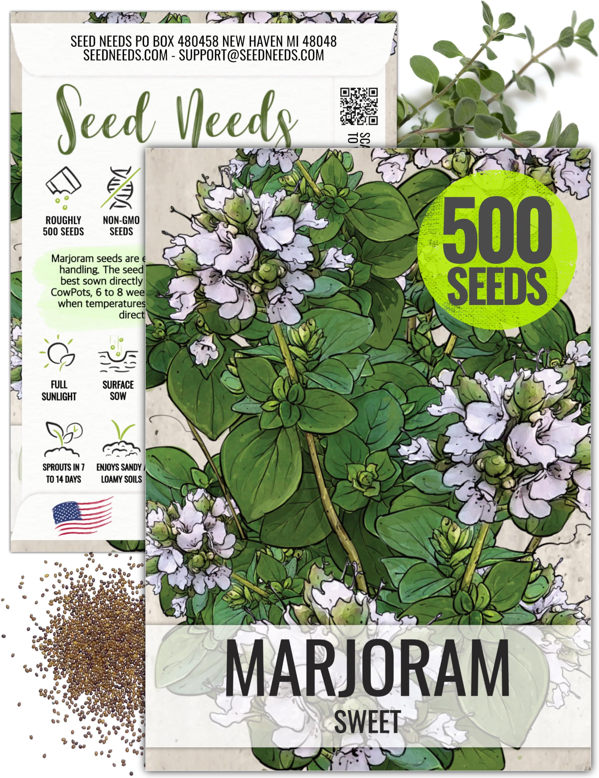 Seed Needs Sweet Marjoram seeds packet front, ideal for fresh Mediterranean flavors.