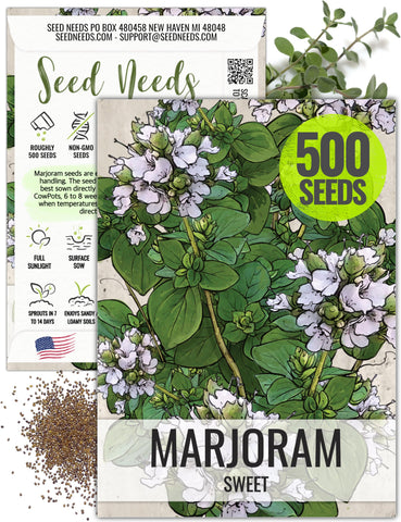 Seed Needs Sweet Marjoram seeds packet front, ideal for fresh Mediterranean flavors.