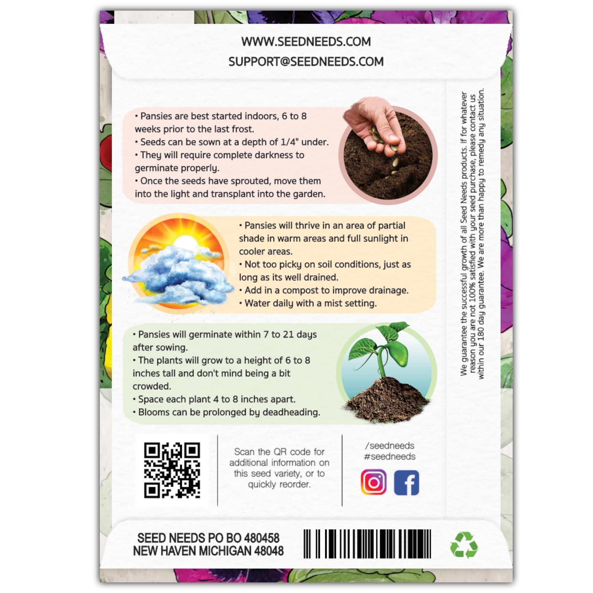 Seed Needs Swiss Giants Pansy seeds in garden bed, quick bloom potential.