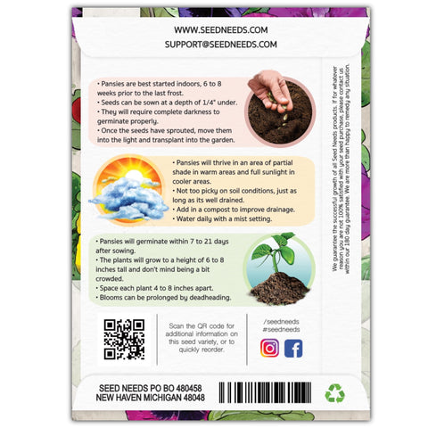 Seed Needs Swiss Giants Pansy seeds in garden bed, quick bloom potential.