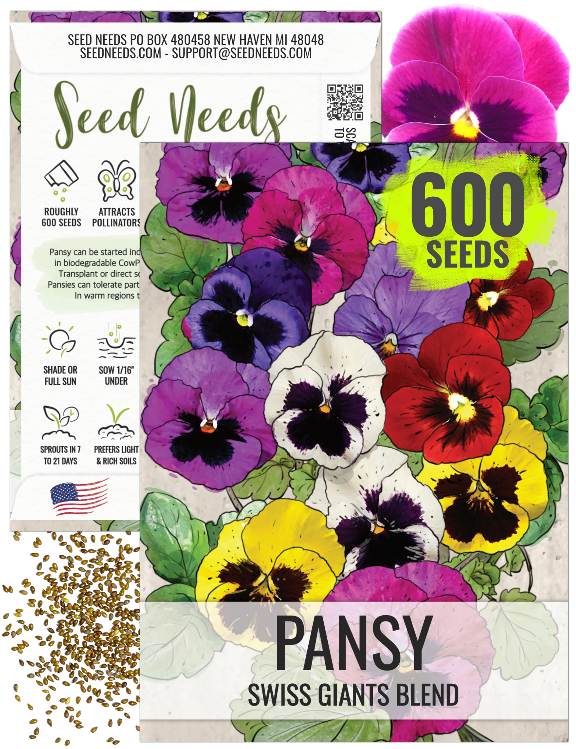 Seed Needs Swiss Giants Pansy seeds pack ready for sowing and color.