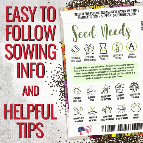 Seed Needs Mixed Tetra Snapdragon color mix featuring pink, purple, red, yellow and white.