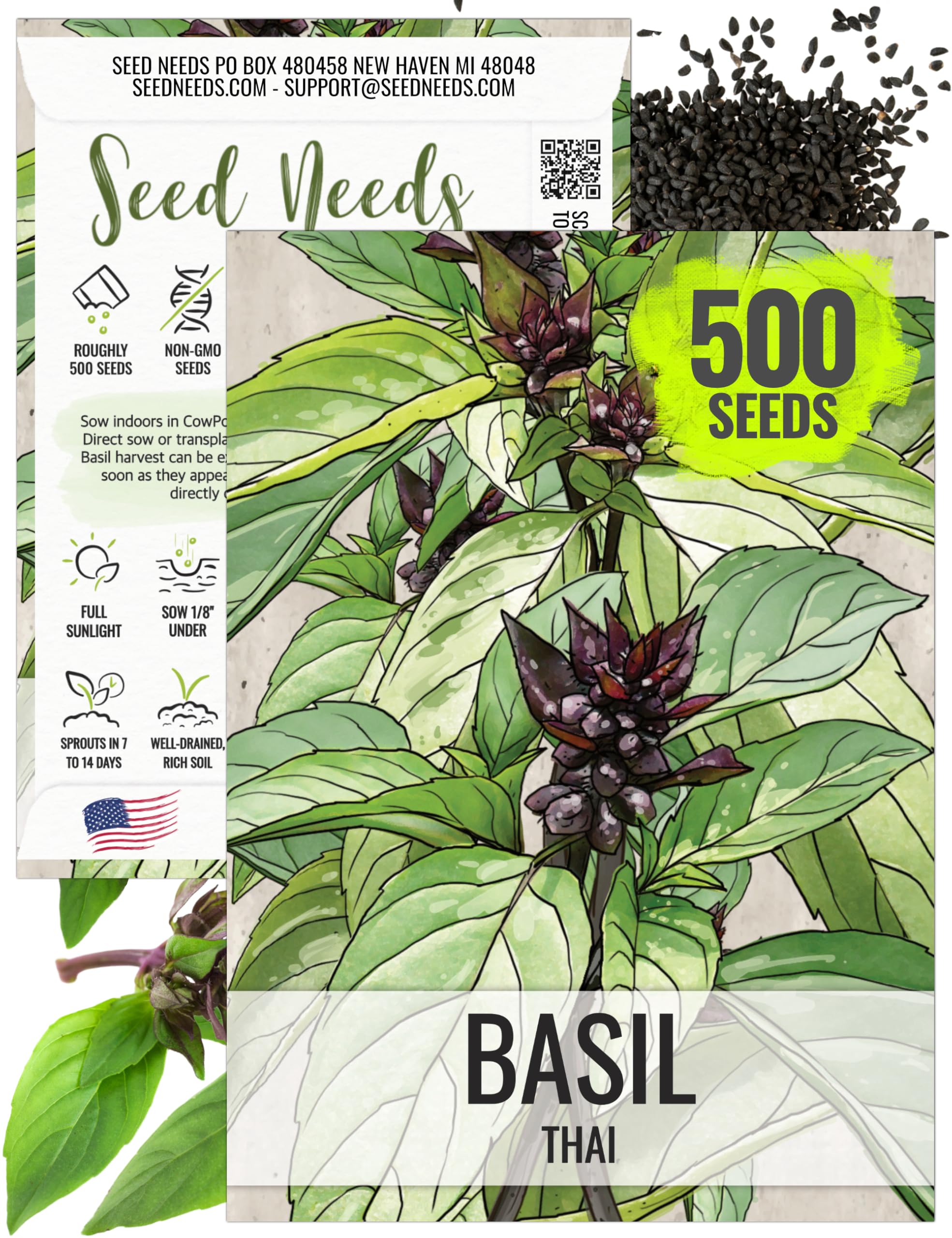 Seed Needs Thai basil seeds packet with sowing guide for home gardens.