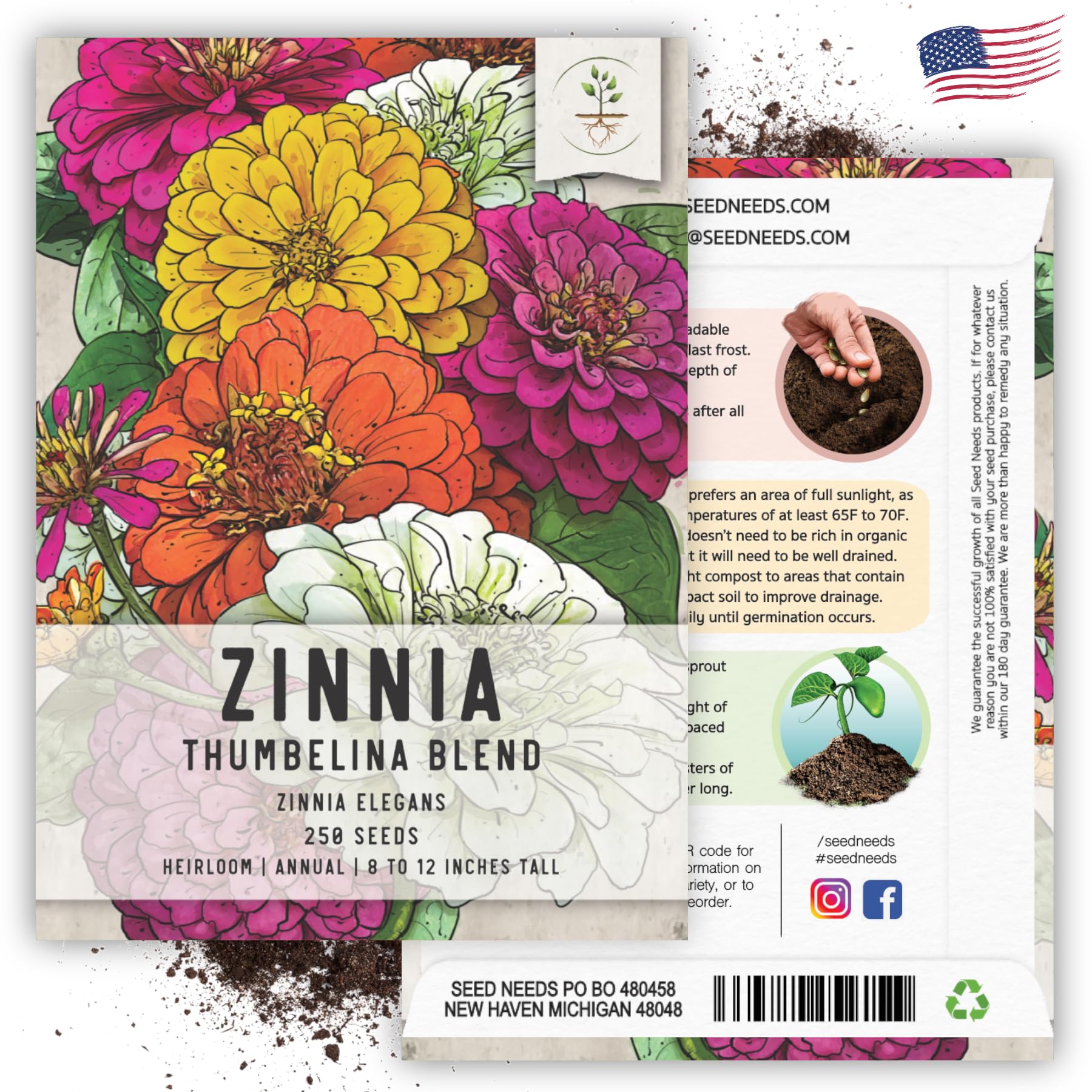 Seed Needs Thumbelina Zinnias seed packet back showing sowing info