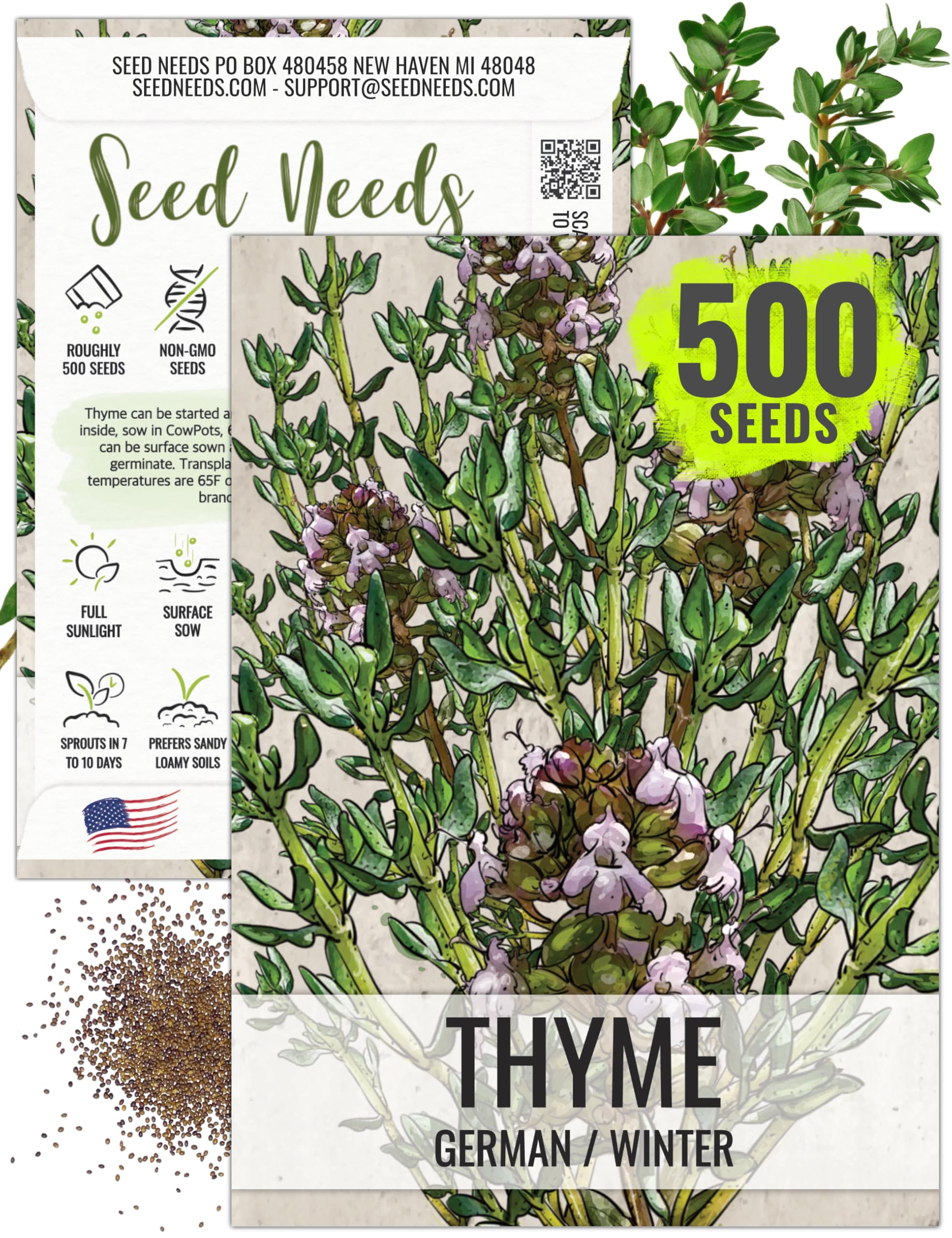 Seed Needs thyme seeds packet front showing variety and planning details