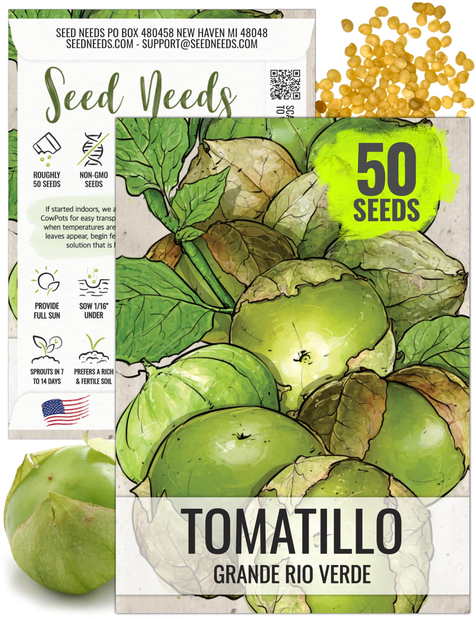 Seed Needs tomatillo seed packet illustration for home gardening and heirloom crop planning