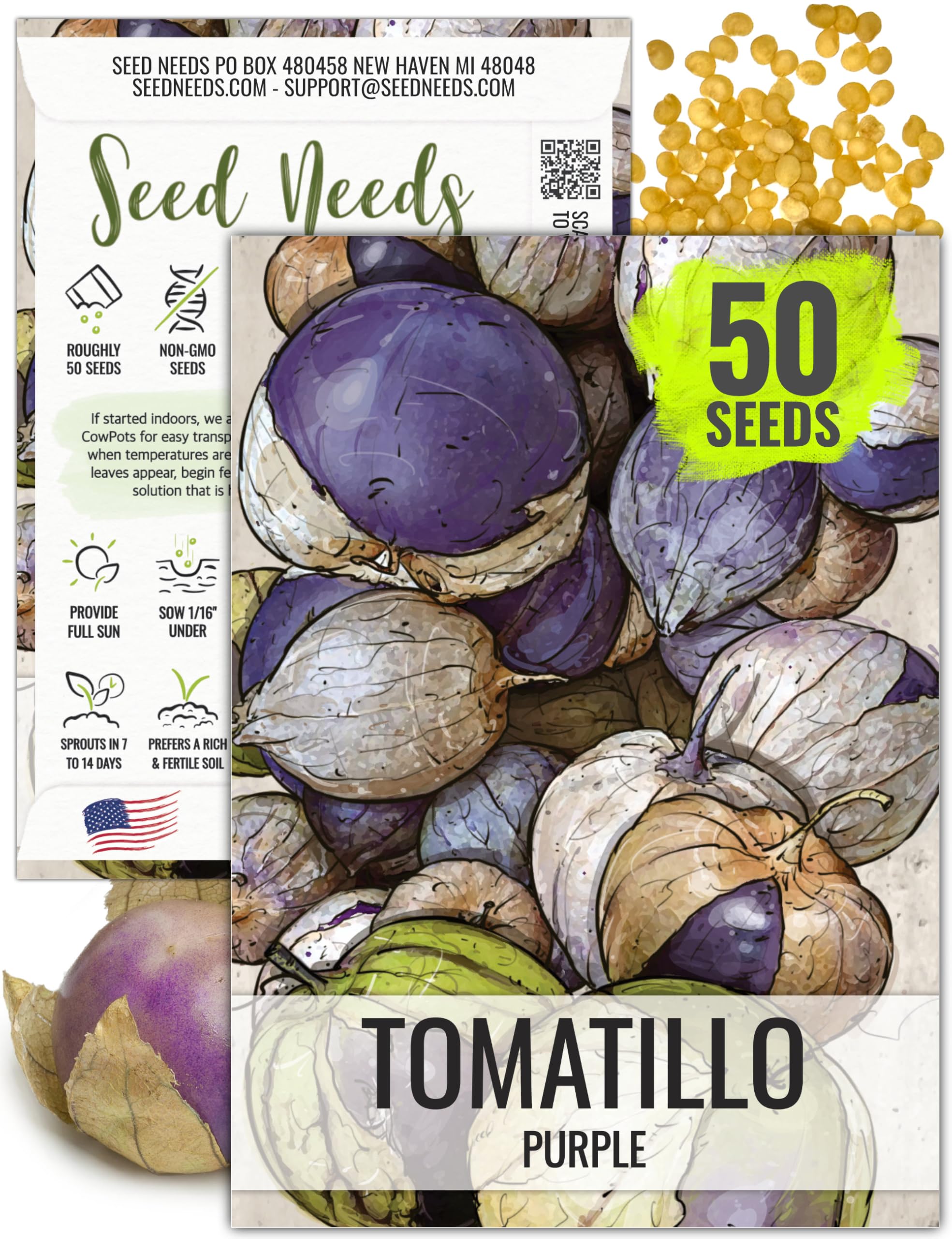 Seed Needs tomatillo seeds packaging front shows open-pollinated, heirloom quality for home gardens.