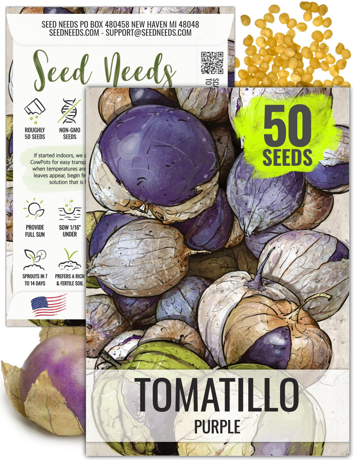 Seed Needs tomatillo seeds packaging front shows open-pollinated, heirloom quality for home gardens.